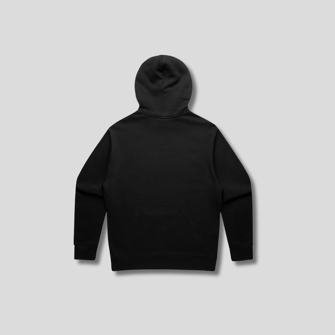 Black hoodie with 'KAIZEN' text, folded flat on grey background