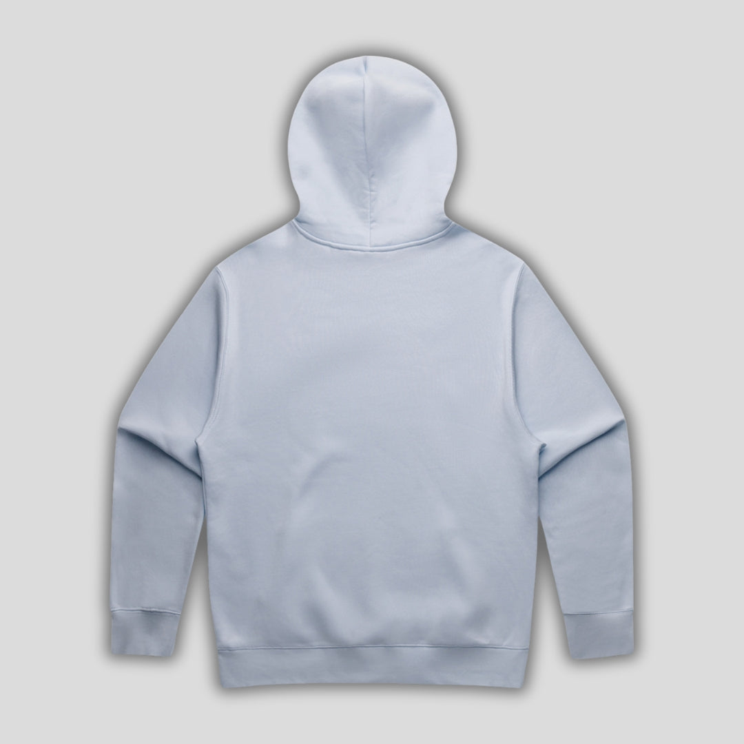 Blue hoodie with 'KAIZEN' text, folded flat on grey background