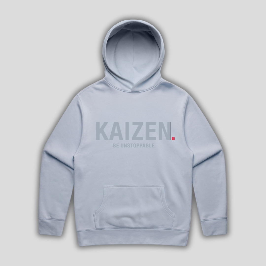 Blue hoodie with 'KAIZEN' text, folded flat on grey background