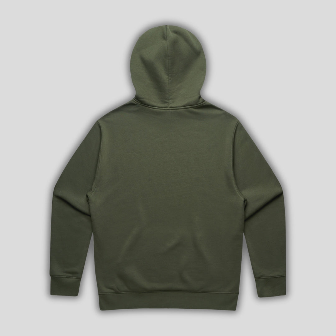 Green hoodie with 'KAIZEN' text, folded flat on grey background