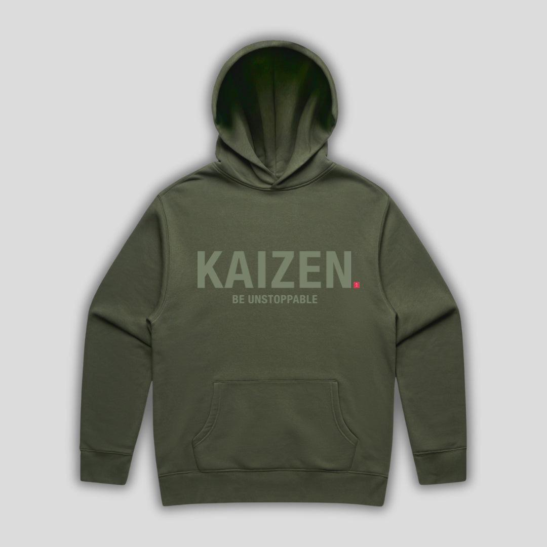 Green hoodie with 'KAIZEN' text, folded flat on grey background