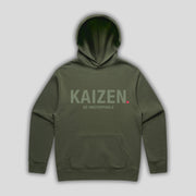 Green hoodie with 'KAIZEN' text, folded flat on grey background