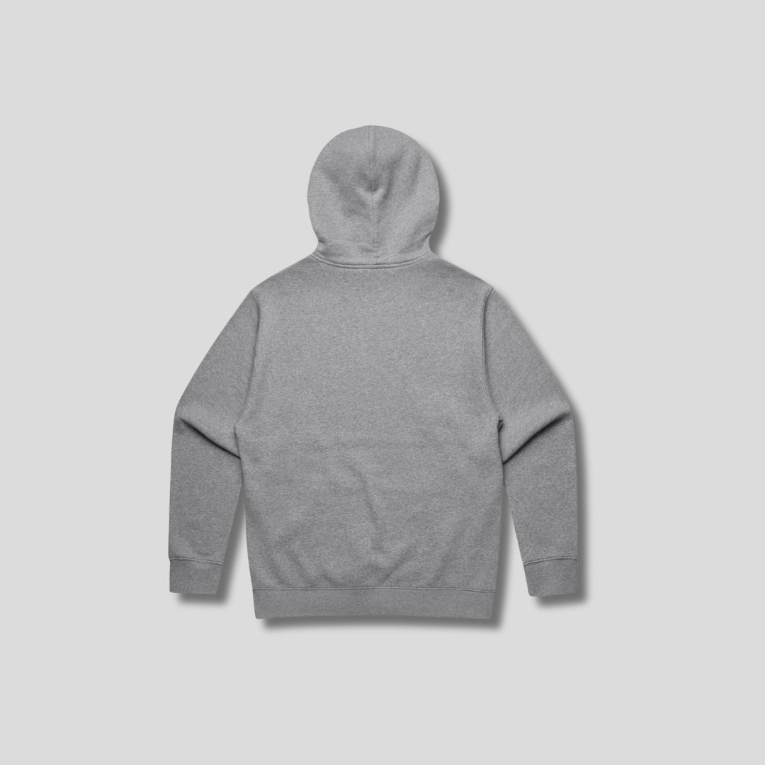 Grey hoodie with 'KAIZEN' text, folded flat on grey background