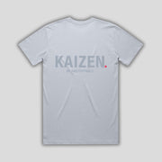 Blue t-shirt with 'KAIZEN' logo, flat lay on neutral background