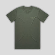 Green t-shirt with 'KAIZEN' logo, flat lay on neutral background