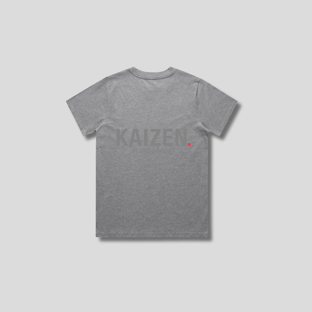 Grey t-shirt with 'KAIZEN' logo, flat lay on neutral background