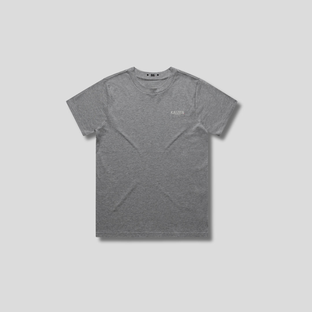 Grey t-shirt with 'KAIZEN' logo, flat lay on neutral background