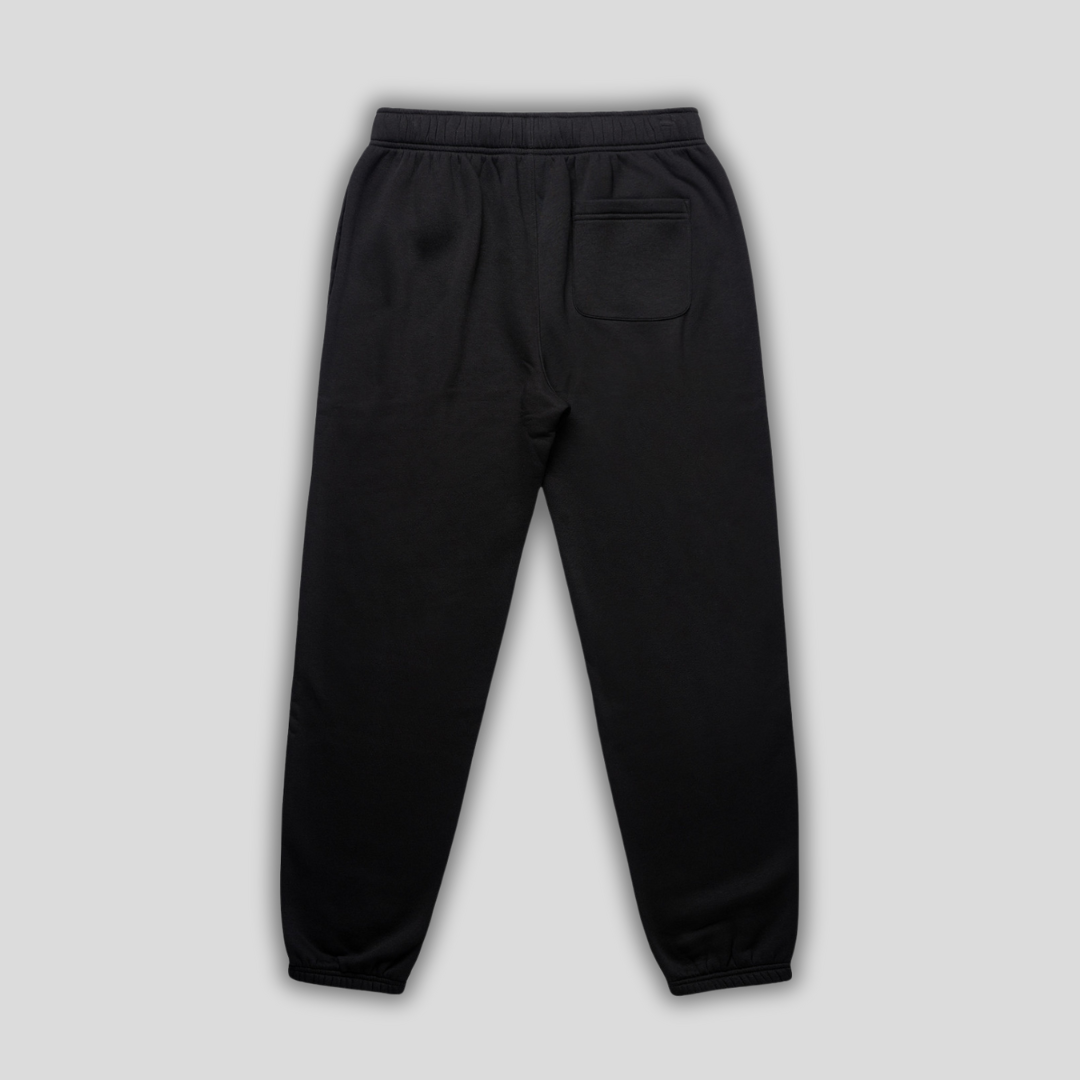 Black joggers with 'KAIZEN' logo, flat lay product image