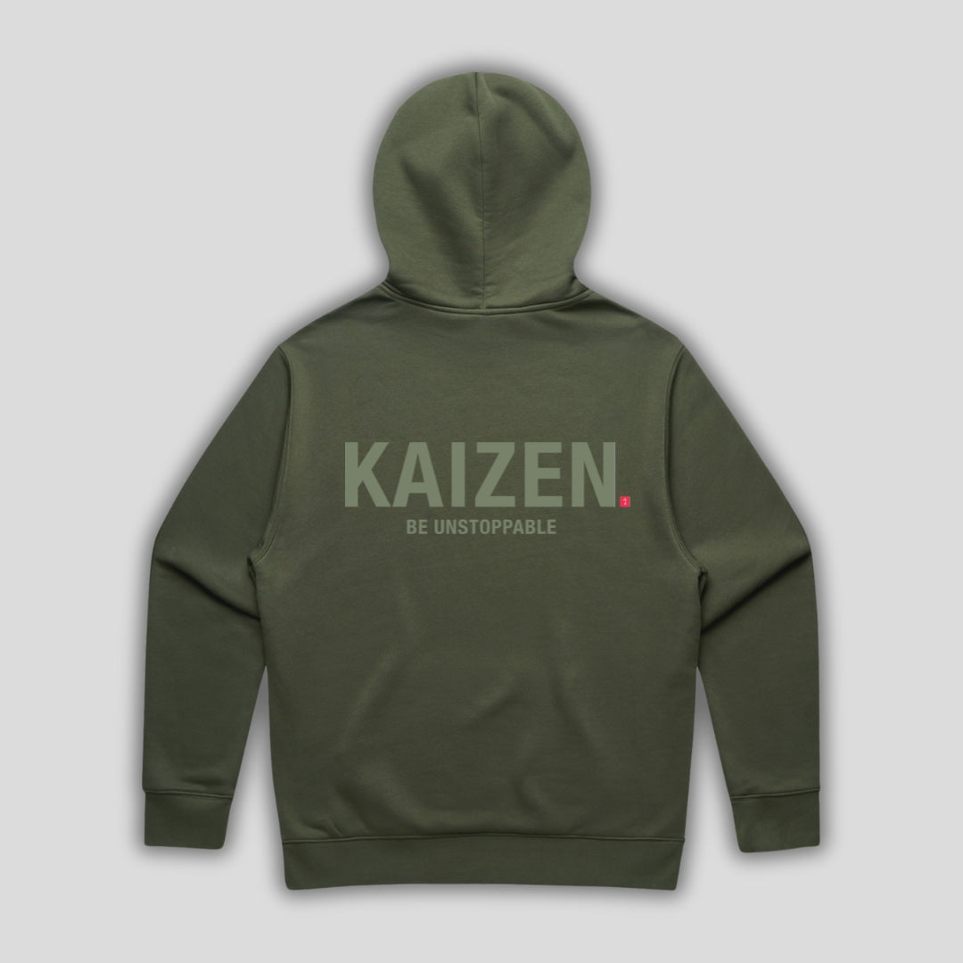 Green hoodie with 'KAIZEN' text, folded flat on grey background