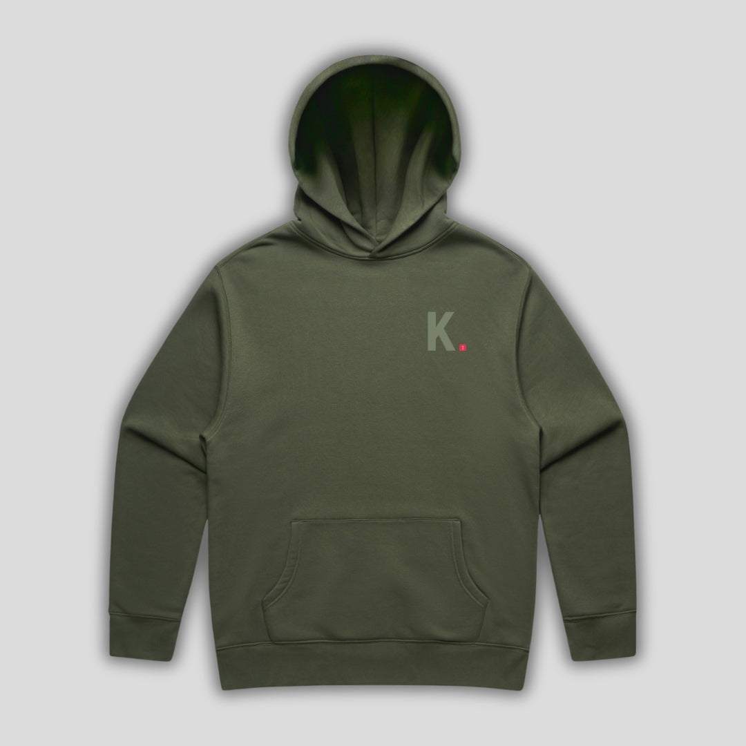 Green hoodie with 'KAIZEN' text, folded flat on grey background
