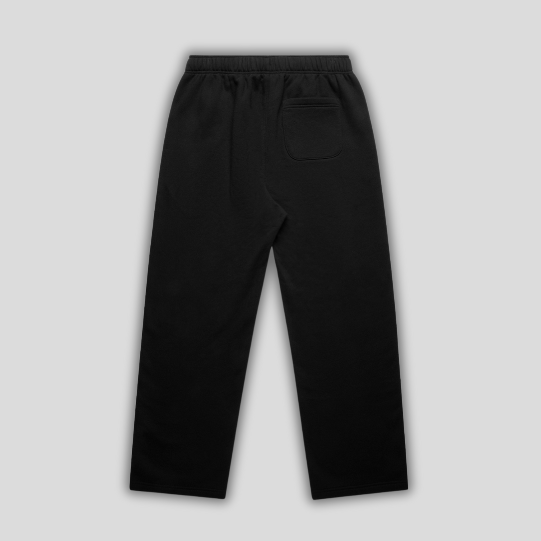 Black straight leg joggers with 'KAIZEN' logo, flat lay product image