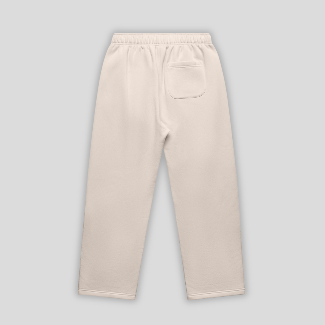 Bone straight leg joggers with 'KAIZEN' logo, flat lay product image