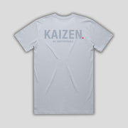 Blue t-shirt with 'KAIZEN' logo, flat lay on neutral background