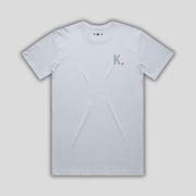Blue t-shirt with 'KAIZEN' logo, flat lay on neutral background