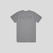 Grey t-shirt with 'KAIZEN' logo, flat lay on neutral background