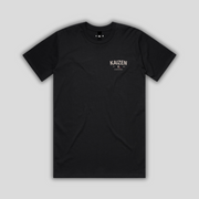 Black t-shirt with 'KAIZEN' logo, flat lay on neutral background