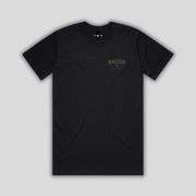 Black t-shirt with 'KAIZEN' logo, flat lay on neutral background