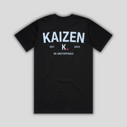 Black t-shirt with 'KAIZEN' logo, flat lay on neutral background