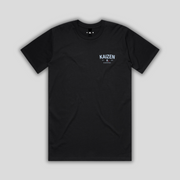 Black t-shirt with 'KAIZEN' logo, flat lay on neutral background