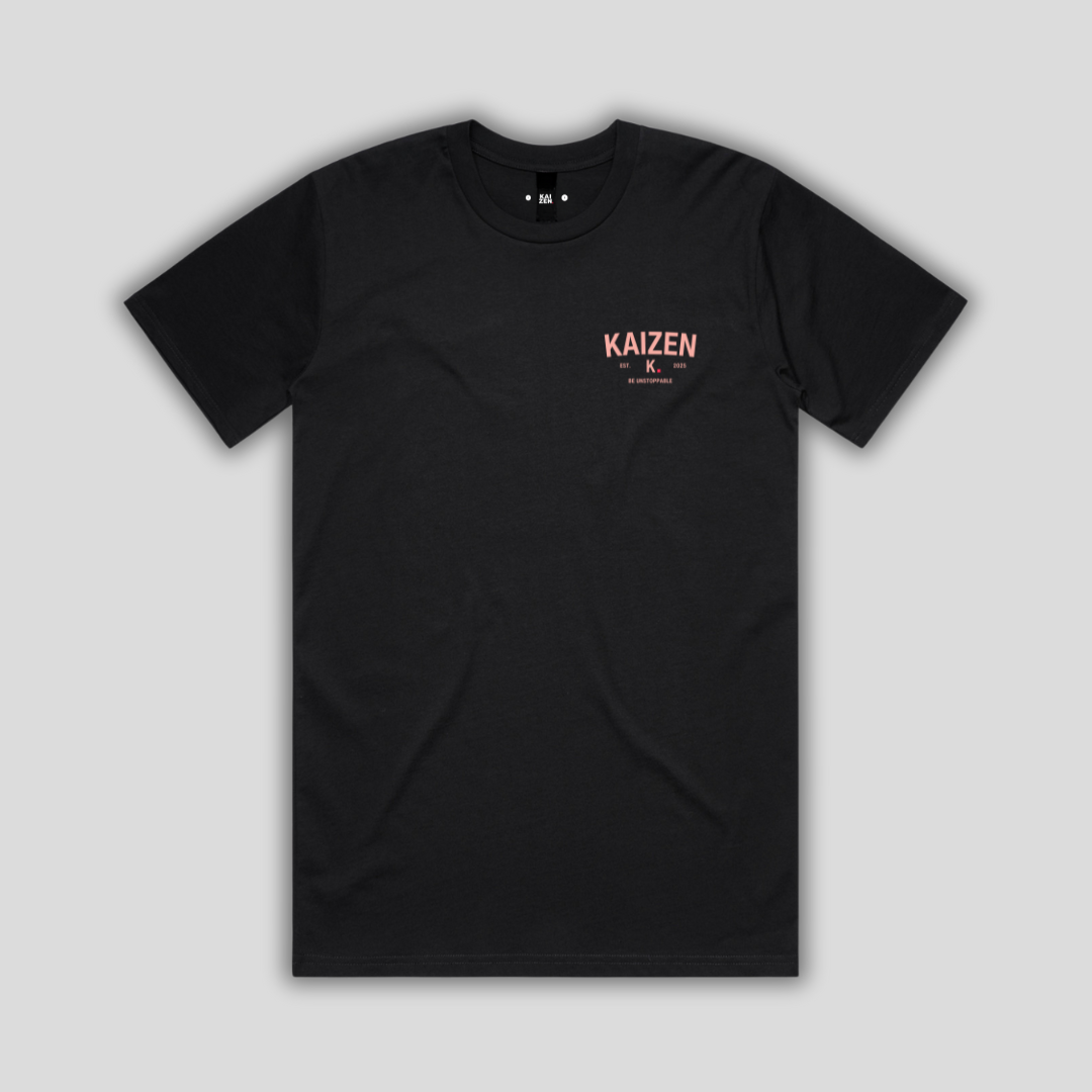 Black t-shirt with 'KAIZEN' logo, flat lay on neutral background