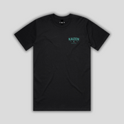 Black t-shirt with 'KAIZEN' logo, flat lay on neutral background