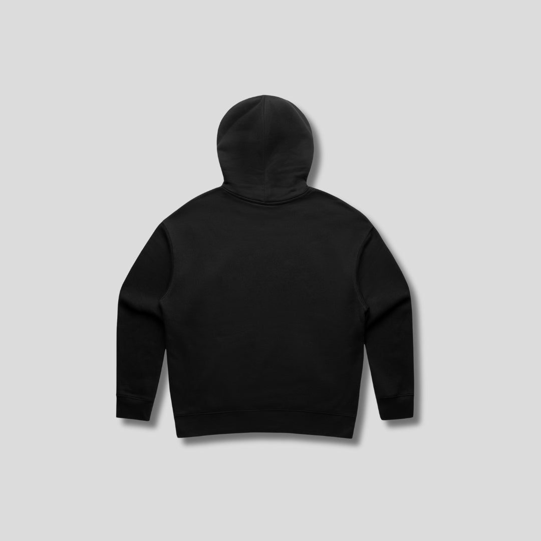 Black hoodie with 'KAIZEN' text, folded flat on grey background