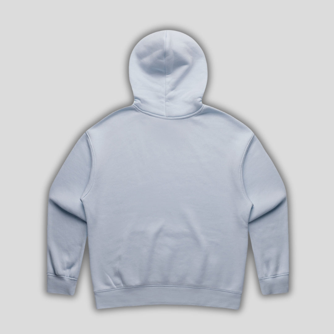 Blue hoodie with 'KAIZEN' text, folded flat on grey background