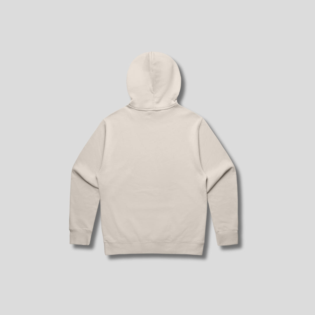 Bone hoodie with 'KAIZEN' text, folded flat on grey background