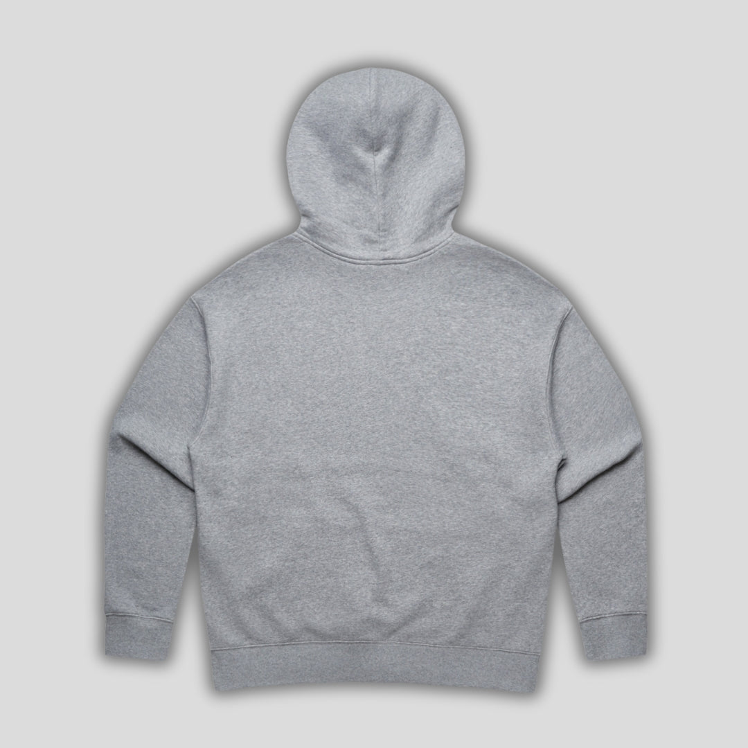 Grey hoodie with 'KAIZEN' text, folded flat on grey background