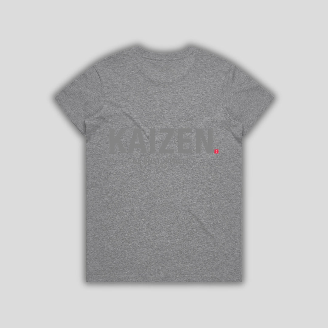 Grey t-shirt with 'KAIZEN' logo, flat lay on neutral background