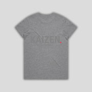 Grey t-shirt with 'KAIZEN' logo, flat lay on neutral background