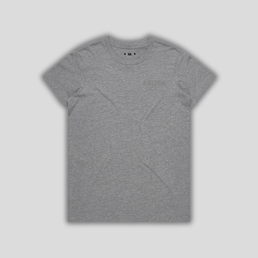Grey t-shirt with 'KAIZEN' logo, flat lay on neutral background