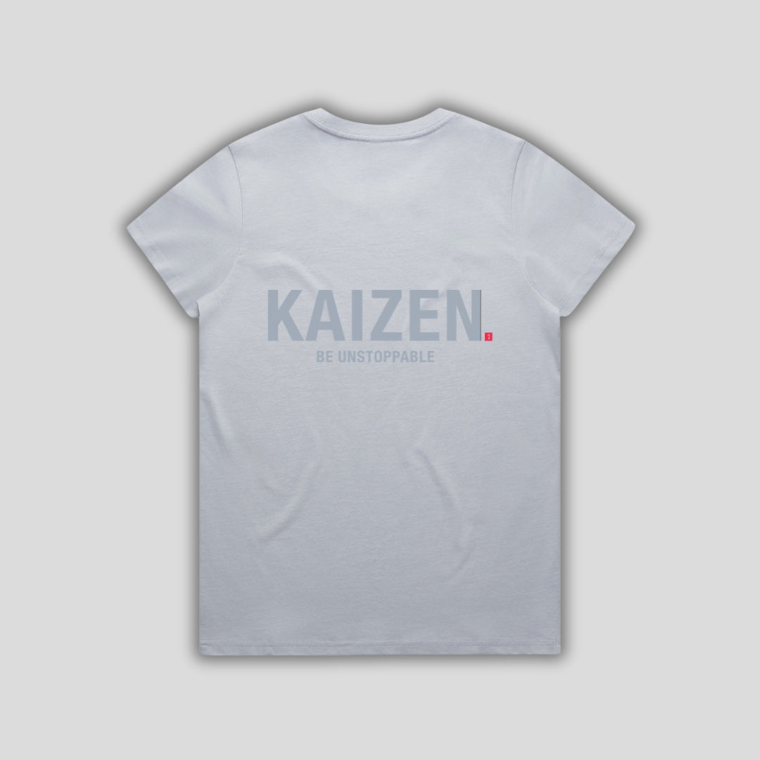 Blue t-shirt with 'KAIZEN' logo, flat lay on neutral background