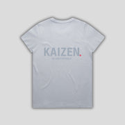 Blue t-shirt with 'KAIZEN' logo, flat lay on neutral background