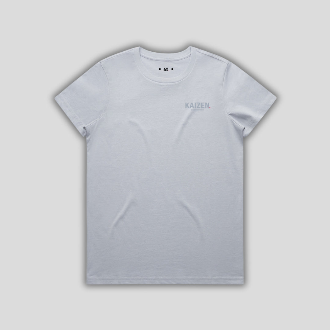 Blue t-shirt with 'KAIZEN' logo, flat lay on neutral background