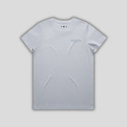 Blue t-shirt with 'KAIZEN' logo, flat lay on neutral background
