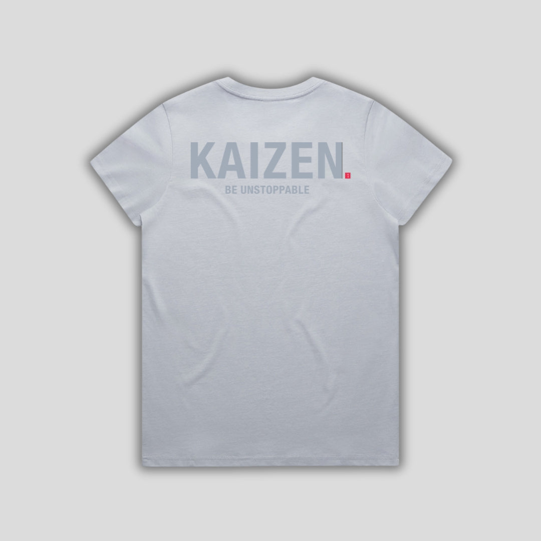 Blue t-shirt with 'KAIZEN' logo, flat lay on neutral background