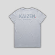 Blue t-shirt with 'KAIZEN' logo, flat lay on neutral background