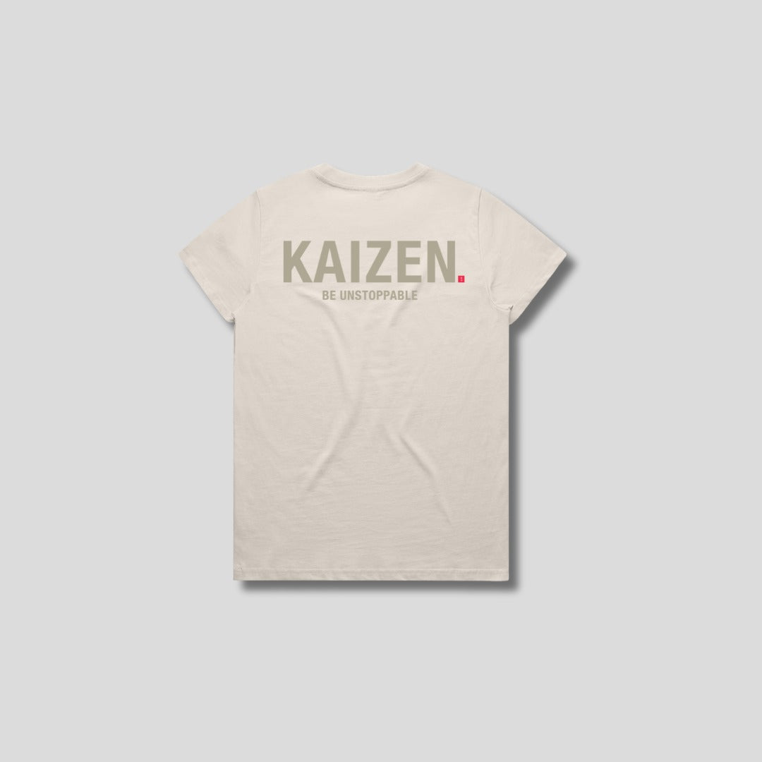 Bone t-shirt with 'KAIZEN' logo, flat lay on neutral background