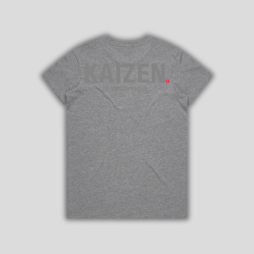 Grey t-shirt with 'KAIZEN' logo, flat lay on neutral background