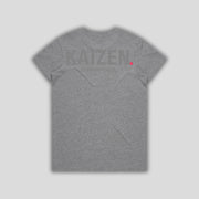 Grey t-shirt with 'KAIZEN' logo, flat lay on neutral background