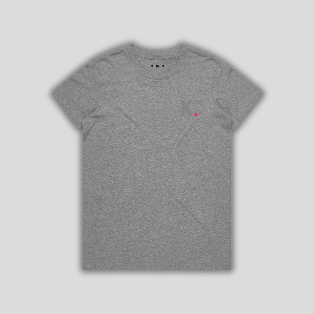 Grey t-shirt with 'KAIZEN' logo, flat lay on neutral background