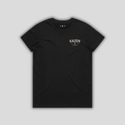 Black t-shirt with 'KAIZEN' logo, flat lay on neutral background