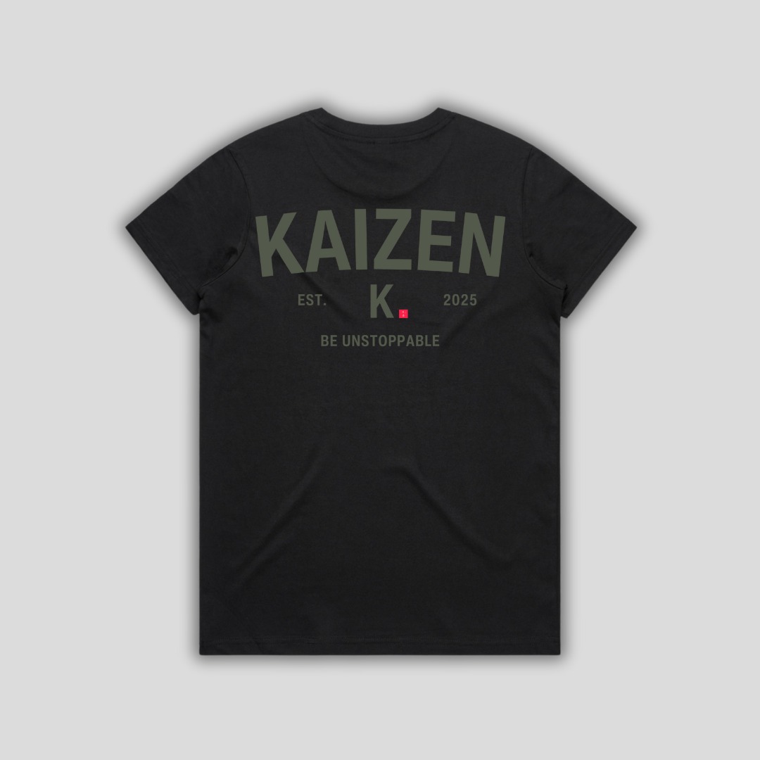 Black t-shirt with 'KAIZEN' logo, flat lay on neutral background