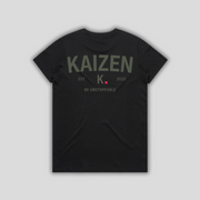 Black t-shirt with 'KAIZEN' logo, flat lay on neutral background