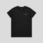 Black t-shirt with 'KAIZEN' logo, flat lay on neutral background