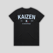 Black t-shirt with 'KAIZEN' logo, flat lay on neutral background