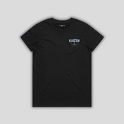 Black t-shirt with 'KAIZEN' logo, flat lay on neutral background