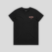 Black t-shirt with 'KAIZEN' logo, flat lay on neutral background