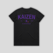 Black t-shirt with 'KAIZEN' logo, flat lay on neutral background